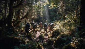 ai generato gruppo di persone escursioni a piedi nel un' bellissimo montagna foresta generato di ai foto