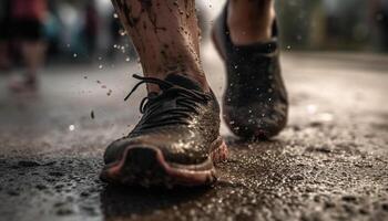 ai generato uomini jogging all'aperto nel il piovere, uno persona esercizio generato di ai foto