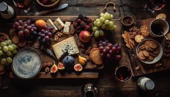 ai generato buongustaio merenda fresco frutta, vino, e rustico pane su legna generato di ai foto