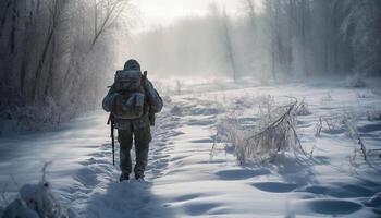 ai generato uno persona escursioni a piedi nel il nevoso foresta, godendo inverno avventura generato di ai foto
