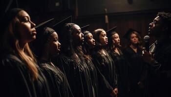 ai generato giovane adulti festeggiare la laurea, sorridente, nel un' grande gruppo all'aperto generato di ai foto