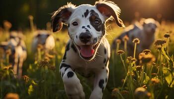 ai generato carino cucciolo seduta nel il erba, guardare a il tramonto generato di ai foto