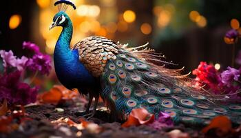 ai generato maestoso pavone viene visualizzato vivace colori, in mostra natura bellezza all'aperto generato di ai foto