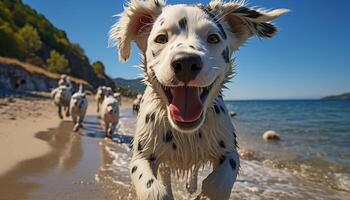 ai generato carino cucciolo giocando nel il acqua, godendo estate vacanze generato di ai foto
