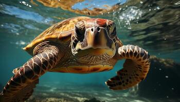 ai generato un' bellissimo mare tartaruga nuoto nel il blu oceano generato di ai foto