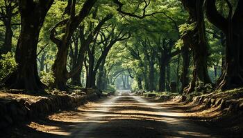 ai generato il verde albero cresce su il vecchio sporco strada, misterioso generato di ai foto