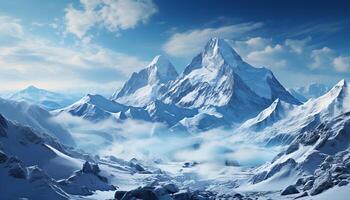 ai generato maestoso montagna picco, neve coperto paesaggio, blu cielo, tranquillo scena generato di ai foto