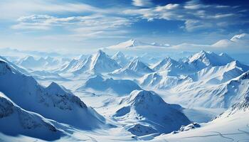 ai generato montagna picco, blu cielo, neve coperto paesaggio, tranquillo scena, inverno avventura generato di ai foto