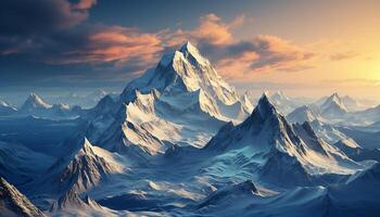 ai generato maestoso montagna picco, neve coperto paesaggio, blu cielo, e tramonto generato di ai foto