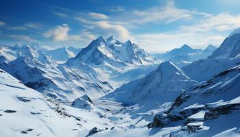 ai generato maestoso montagna picco, tranquillo scena, freddo temperatura, snowboard avventura generato di ai foto