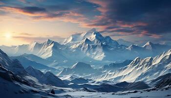 ai generato maestoso montagna picco, neve coperto paesaggio, tranquillo tramonto al di sopra di orizzonte generato di ai foto