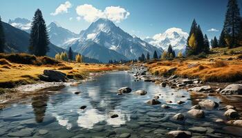 ai generato maestoso montagna picco riflette tranquillo tramonto su acqua superficie generato di ai foto