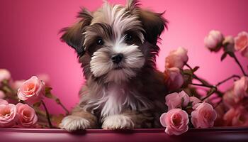 ai generato carino cucciolo seduta, guardare a telecamera, circondato di rosa fiori generato di ai foto