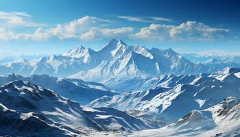 ai generato maestoso montagna picco, neve coperto paesaggio, tranquillo scena, natura bellezza generato di ai foto