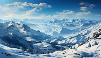 ai generato maestoso montagna picco, neve coperto paesaggio, tranquillo natura, congelato bellezza generato di ai foto