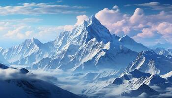 ai generato maestoso montagna picco, neve coperto, cielo blu, tranquillo scena, natura bellezza generato di ai foto