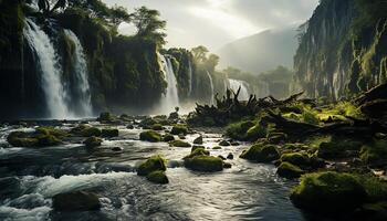 ai generato tranquillo scena fluente acqua, verde alberi, e maestoso montagne generato di ai foto