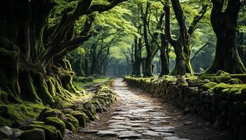 ai generato tranquillo foresta sentiero conduce per un' misterioso di fuga punto generato di ai foto