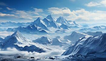 ai generato maestoso montagna picco, neve coperto paesaggio, blu cielo, e ghiacciato acqua generato di ai foto