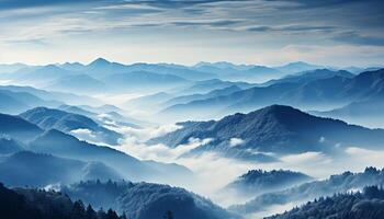 ai generato maestoso montagna gamma, tranquillo nebbia, blu cielo, e nevoso picco generato di ai foto