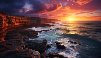 ai generato maestoso tramonto al di sopra di tranquillo costa, natura bellezza riflessa nel acqua generato di ai foto