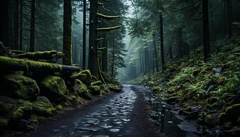 ai generato tranquillo scena nebbioso foresta, bagnato sentiero, misterioso natura bellezza generato di ai foto