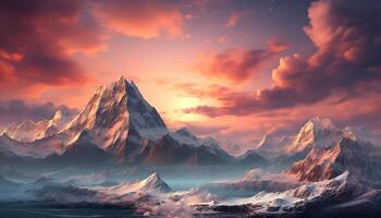 ai generato maestoso montagna picco riflette tranquillo tramonto su ghiacciato roccia generato di ai foto