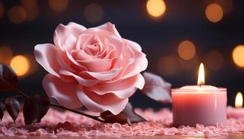 ai generato romantico lume di candela si illumina un' mazzo di morbido rosa fiori generato di ai foto