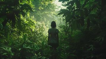 ai generato donna abbraccia nature maestà nel lussureggiante foresta catturato con largo 50mm lente foto