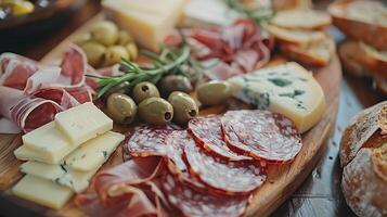 ai generato ad arte disposte salumi tavola vetrine guarito carni formaggi e frutta nel travolgente 50mm lente tiro foto