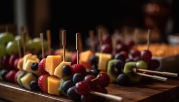 ai generato fresco frutta buffet uva, melone, mela, fragola, arancia, insalata generato di ai foto