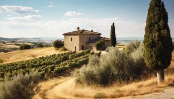 ai generato idilliaco chianti paesaggio vigne, oliva alberi, e rustico agriturismo generato di ai foto