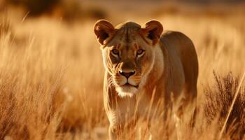 ai generato maestoso leonessa a piedi nel africano natura selvaggia, illuminata dal sole savana bellezza generato di ai foto