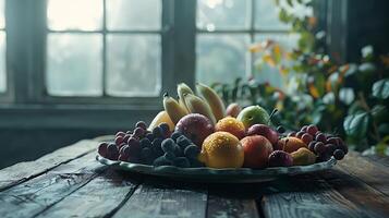 ai generato vivace frutta piatto su rustico tavolo bagnata nel morbido naturale leggero cattura colori e textures foto