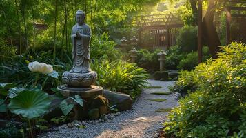 ai generato sereno giardino pieno con religioso simboli bagnata nel luce del sole nutrimento armonia accettazione e riflessione foto