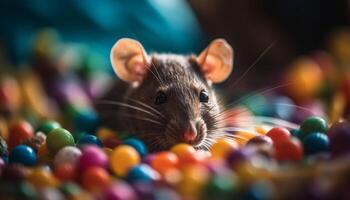 ai generato carino piccolo roditore giocando con cioccolato, festeggiare natura colori generato di ai foto