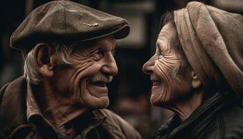 ai generato Due anziano adulti, sorridente e Abbracciare una persona all'aperto, nel nero e bianca generato di ai foto