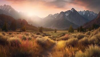 ai generato tranquillo prato, maestoso montagne, sereno tramonto, natura bellezza nel autunno generato di ai foto