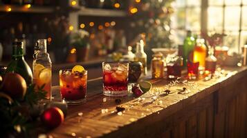ai generato colorato cocktail serata rustico bar impostato nel caldo leggero con festivo Vettore di bevande foto