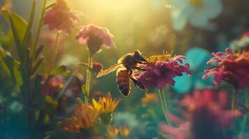 ai generato ape impollina fioritura fiore nel lussureggiante verde prato catturato nel avvicinamento con 50mm lente foto