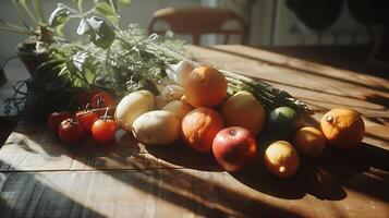 ai generato vivace fresco frutta e verdure su rustico tavolo illuminato di morbido naturale leggero foto