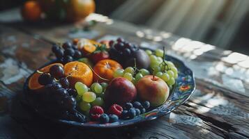 ai generato abbondanza di fresco frutta e verdure nel rustico gabbia illuminato di morbido naturale leggero foto