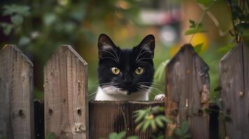ai generato curioso gatto scrutare attraverso rustico di legno recinto nel Giardino dietro la casa giardino foto
