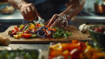 ai generato abile capocuoco crea vivace insalata capolavoro evidenziazione fresco ingredienti con macro lente foto