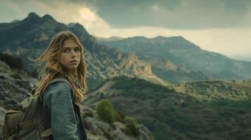 ai generato giovane donna contempla panoramico montagna paesaggio con morbido naturale leggero foto