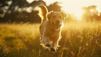 ai generato gioioso d'oro cane da riporto scherza nel lussureggiante prato sotto morbido naturale leggero foto