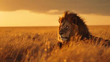 ai generato maestoso Leone riposa nel savana intenso sguardo catturato nel medio tiro con 50mm lente foto