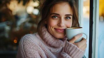 ai generato allegro giovane donna gode mattina caffè di finestra posto a sedere bagnata nel morbido mattina leggero foto