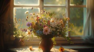 ai generato vivace mazzo di assortito fiori nel rustico vaso contro morbido sfondo foto