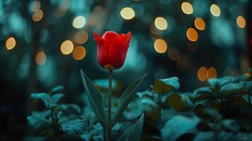 ai generato vivace rosso tulipano sta in mezzo morbido verde le foglie e bokeh luci foto